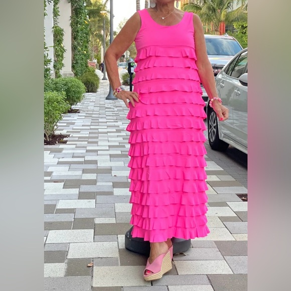 LuLu B Vibrant Pink Ruffle Tiered Maxi Dress Size 1X - Picture 4 of 16